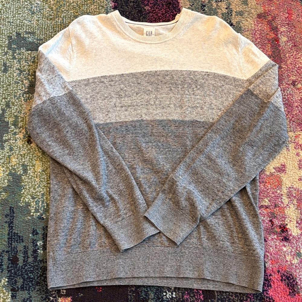 GAP Men's Cream and Gray Striped Crewneck Sweater